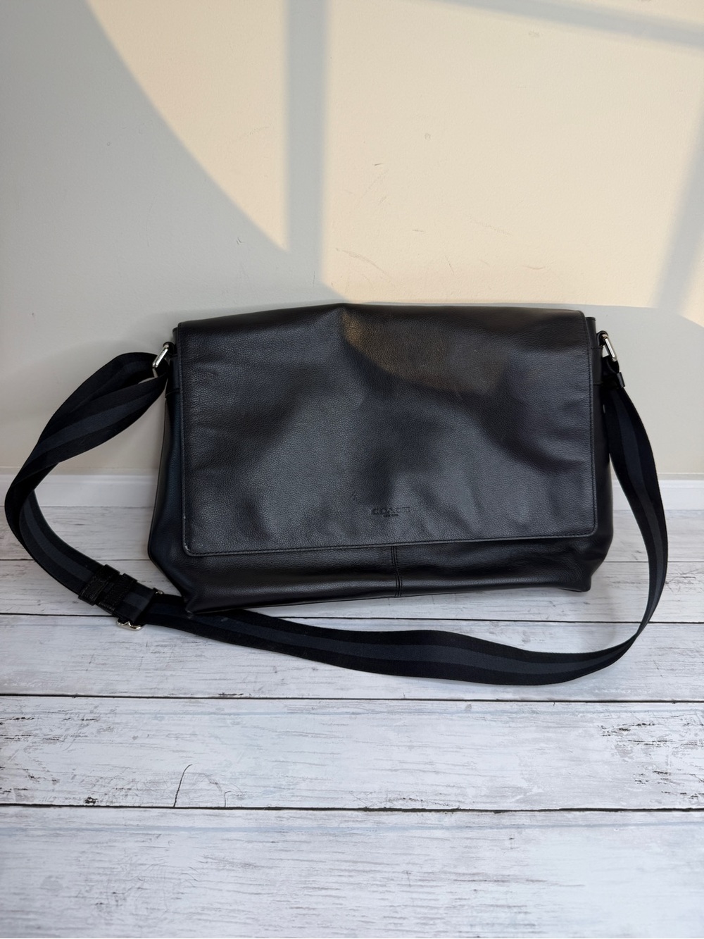 Coach Black Leather Messenger Bag with Adjustable Strap